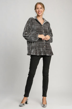 Ruched Tiered Button Up Velvet Shirt in Gunmetal