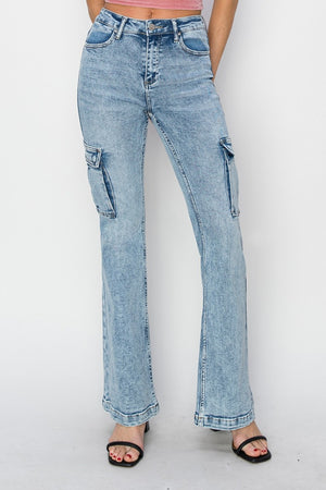 RISEN High Rise Cargo Flare Acid Wash Jeans