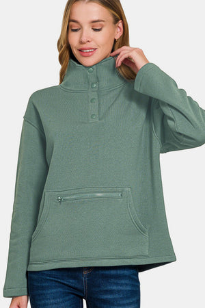 Zenana Turtleneck Half Snap Fleece Sweatshirt Ash Jade