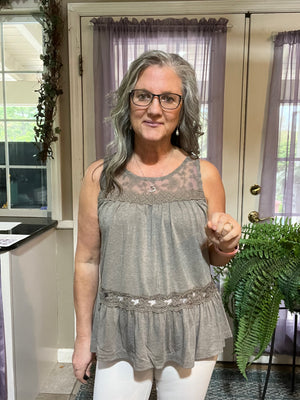 Lace Yoke Peplum Tank Heathered Taupe Grey