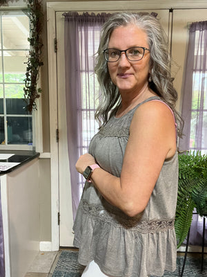 Lace Yoke Peplum Tank Heathered Taupe Grey