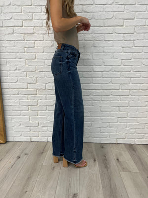 Judy Blue Mid Rise Vintage Wash Wide Leg Fray Hem Jeans