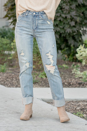 Judy Blue High Waist Double Cuff Fray Hem Distressed Boyfriend Jeans