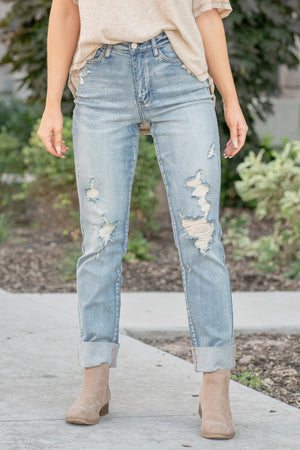 Judy Blue High Waist Double Cuff Fray Hem Distressed Boyfriend Jeans