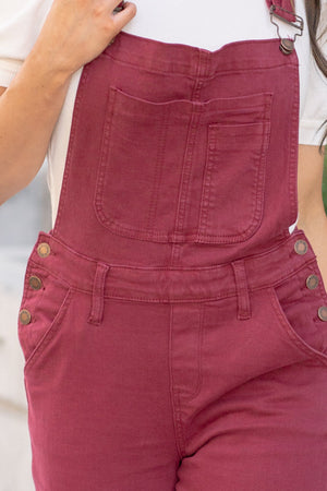 Judy Blue High Waist Garment Dyed Maroon Boyfriend Double Cuff Overalls