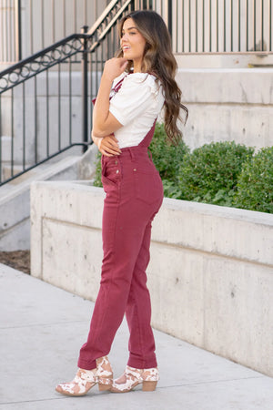 Judy Blue High Waist Garment Dyed Maroon Boyfriend Double Cuff Overalls