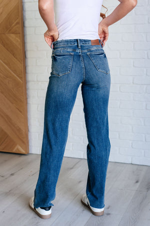 Judy Blue Mid Rise Tummy Control Vintage Raw Hem Straight Leg Jeans