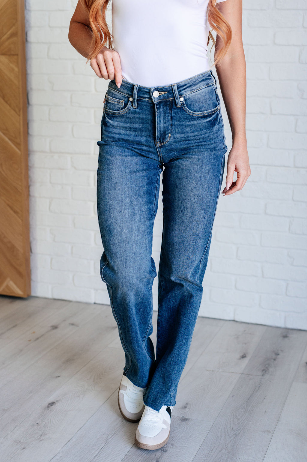 Judy Blue Mid Rise Tummy Control Vintage Raw Hem Straight Leg Jeans