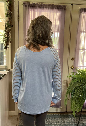 Soft V Neck Long Raglan Striped Sheer Sleeve Top - 9 colors