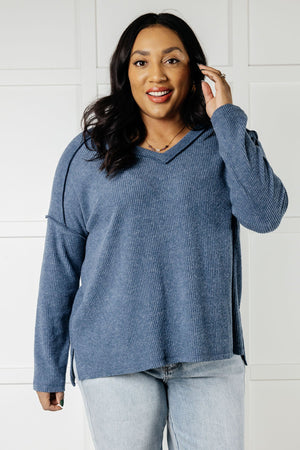 Zenana Basically Freezing Brushed Ribbed Hacci Top in Dusty Blue