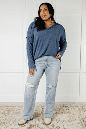 Zenana Basically Freezing Brushed Ribbed Hacci Top in Dusty Blue