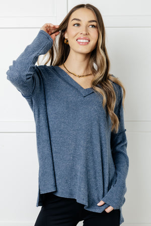 Zenana Basically Freezing Brushed Ribbed Hacci Top in Dusty Blue