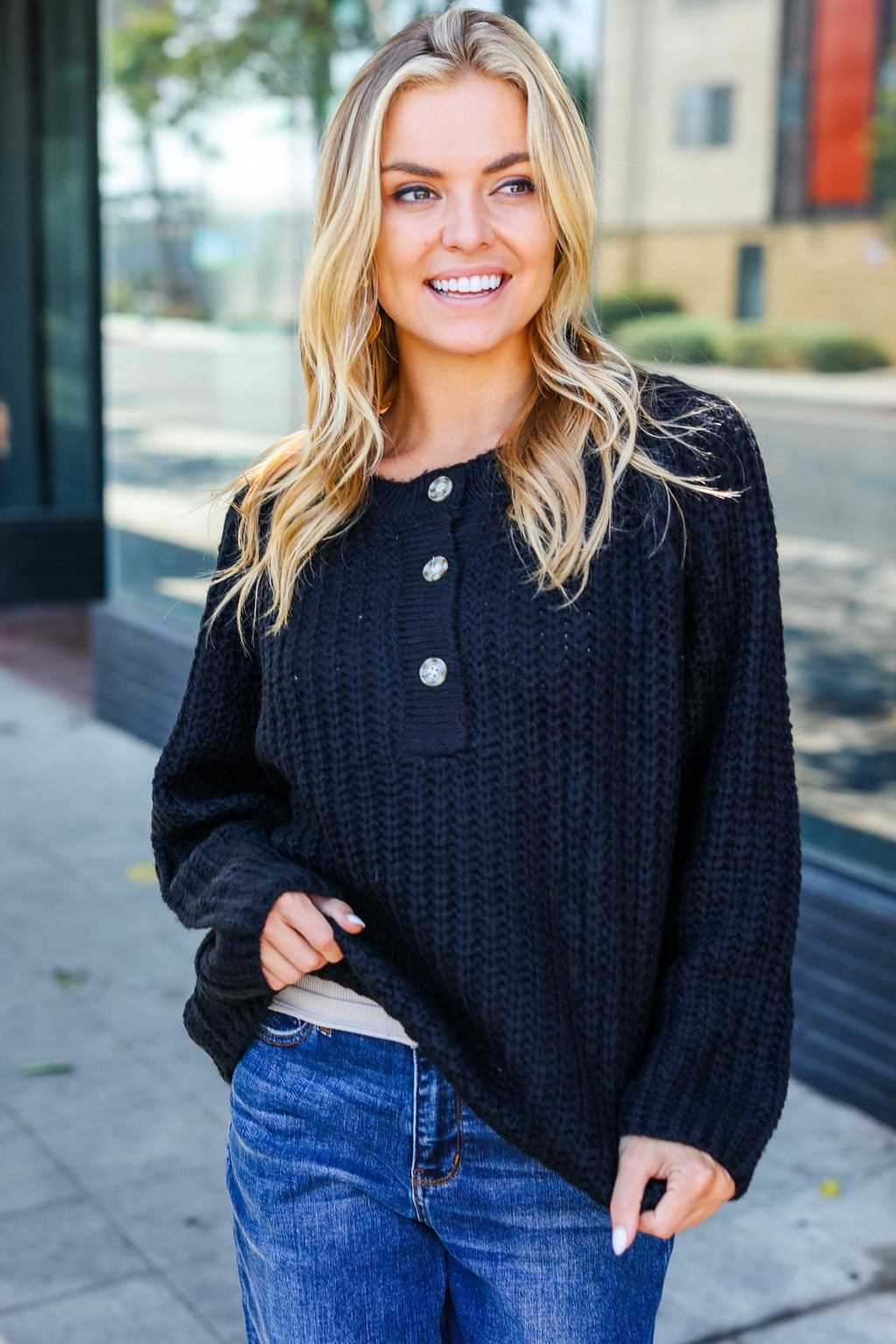 Casual Living Black Loose Knit Henley Button Sweater