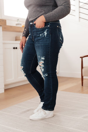 Judy Blue Mid Rise Bleach Splash Distressed Boyfriend Jeans