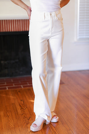 Judy Blue High Rise Braided Waist Wide Leg Jeans White