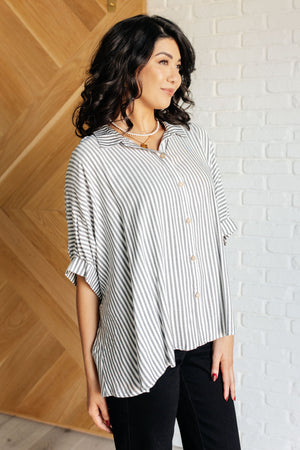 Zenana Boxy Striped Button Up in Black