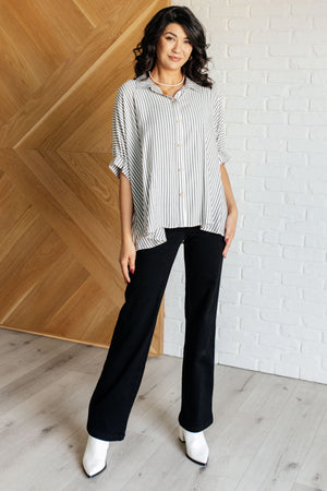 Zenana Boxy Striped Button Up in Black