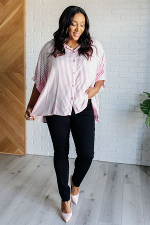 Zenana Boxy Striped Button Up in Hot Pink