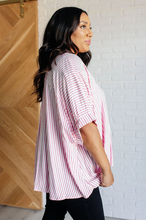 Zenana Boxy Striped Button Up in Hot Pink