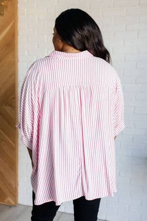 Zenana Boxy Striped Button Up in Hot Pink