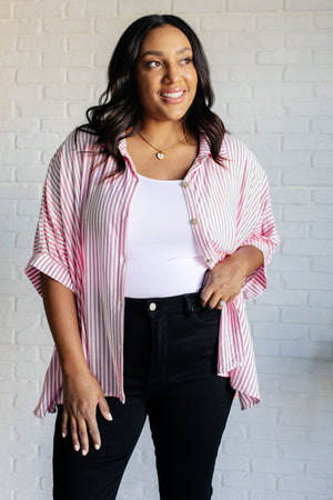 Zenana Boxy Striped Button Up in Hot Pink