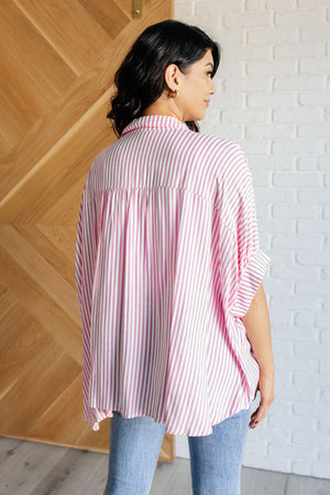 Zenana Boxy Striped Button Up in Hot Pink