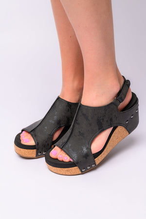 Carley Wedge Sandals in Black Metallic by Corky's