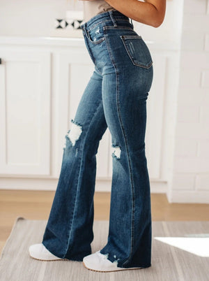 Judy Blue High Rise Control Top Distressed Flare Jeans