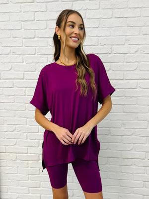 Zenana Comfy Cruising Top and Biker Shorts Set in Lt Plum