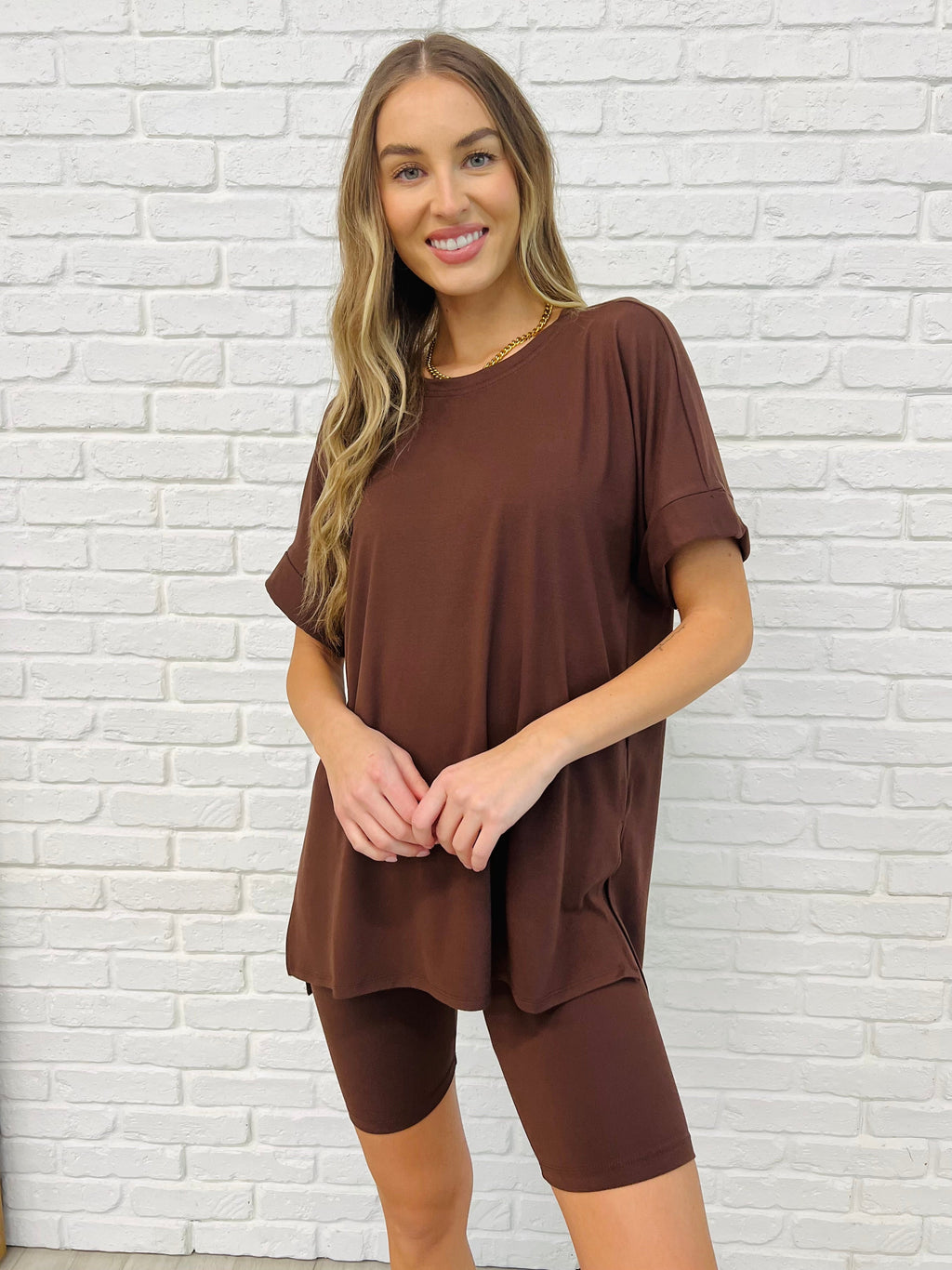 Zenana Comfy Cruising Top and Biker Shorts Set in Mahogany