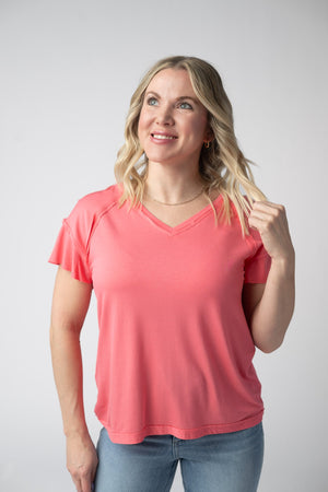 PREBOOK Raelynn V-Neck Top - Sunkissed Coral