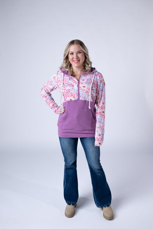 Halfzip Hoodie - Coral Sunset Floral and Mauve by Michelle Mae