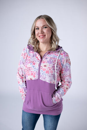 Halfzip Hoodie - Coral Sunset Floral and Mauve by Michelle Mae