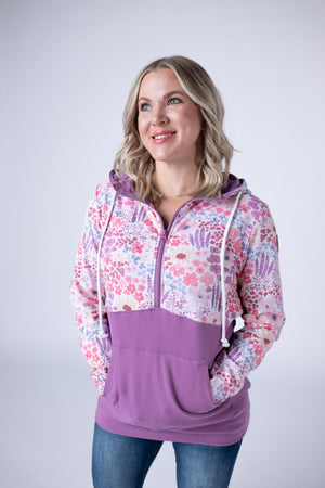 Halfzip Hoodie - Coral Sunset Floral and Mauve by Michelle Mae