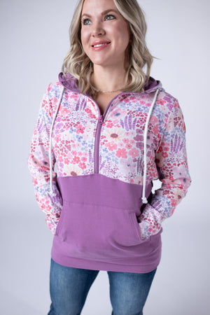 Halfzip Hoodie - Coral Sunset Floral and Mauve by Michelle Mae