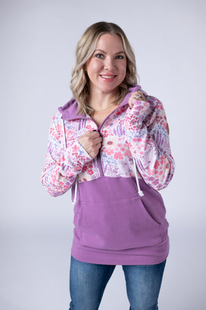 Halfzip Hoodie - Coral Sunset Floral and Mauve by Michelle Mae