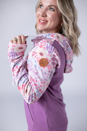 Halfzip Hoodie - Coral Sunset Floral and Mauve by Michelle Mae