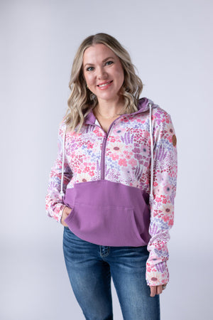 Halfzip Hoodie - Coral Sunset Floral and Mauve by Michelle Mae