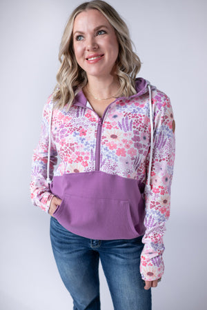 Halfzip Hoodie - Coral Sunset Floral and Mauve by Michelle Mae
