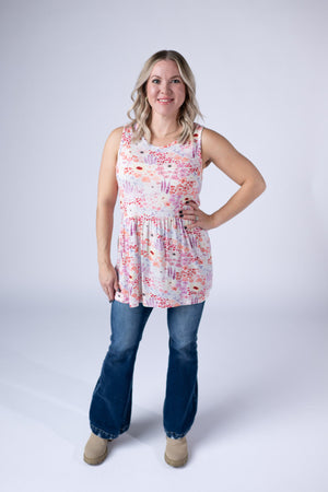 Renee Ruffle Tank Top - Coral Sunset Floral by Michelle Mae