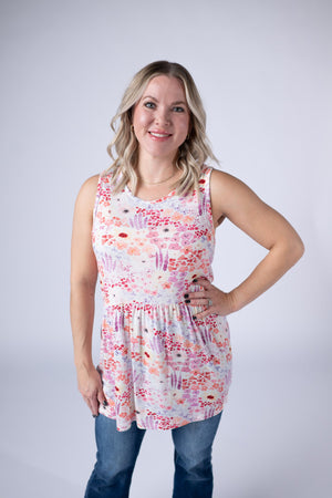 Renee Ruffle Tank Top - Coral Sunset Floral by Michelle Mae