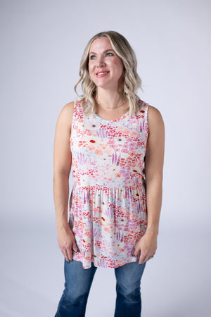Renee Ruffle Tank Top - Coral Sunset Floral by Michelle Mae