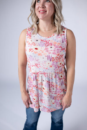 Renee Ruffle Tank Top - Coral Sunset Floral by Michelle Mae