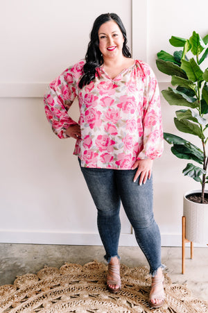 Silky V Neck Blouse In Champagne Pink Florals