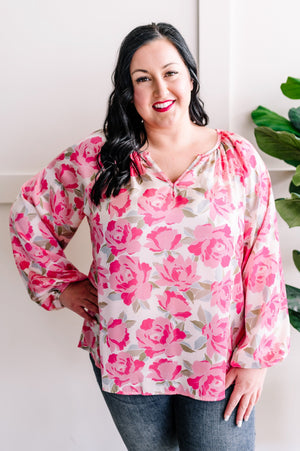 Silky V Neck Blouse In Champagne Pink Florals