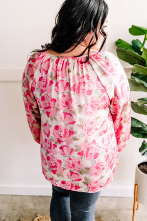 Silky V Neck Blouse In Champagne Pink Florals