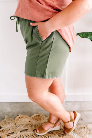 Zenana Summer Blend Lightweight Drawstring Shorts In Olive