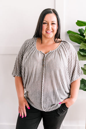 Dolman Sleeve Faux Button Gray Striped Top