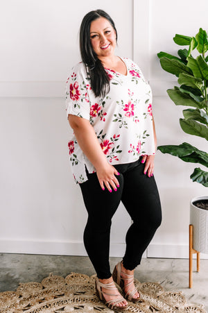 Ivory & Pink Floral Blouse With Button Sleeve Detail