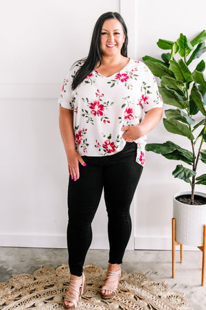 Ivory & Pink Floral Blouse With Button Sleeve Detail